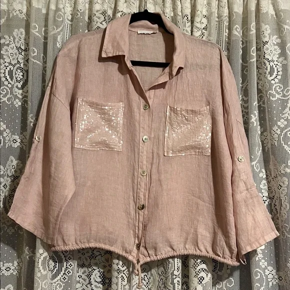 Puro Lino Pink Linen Blouse - Picture 1 of 7